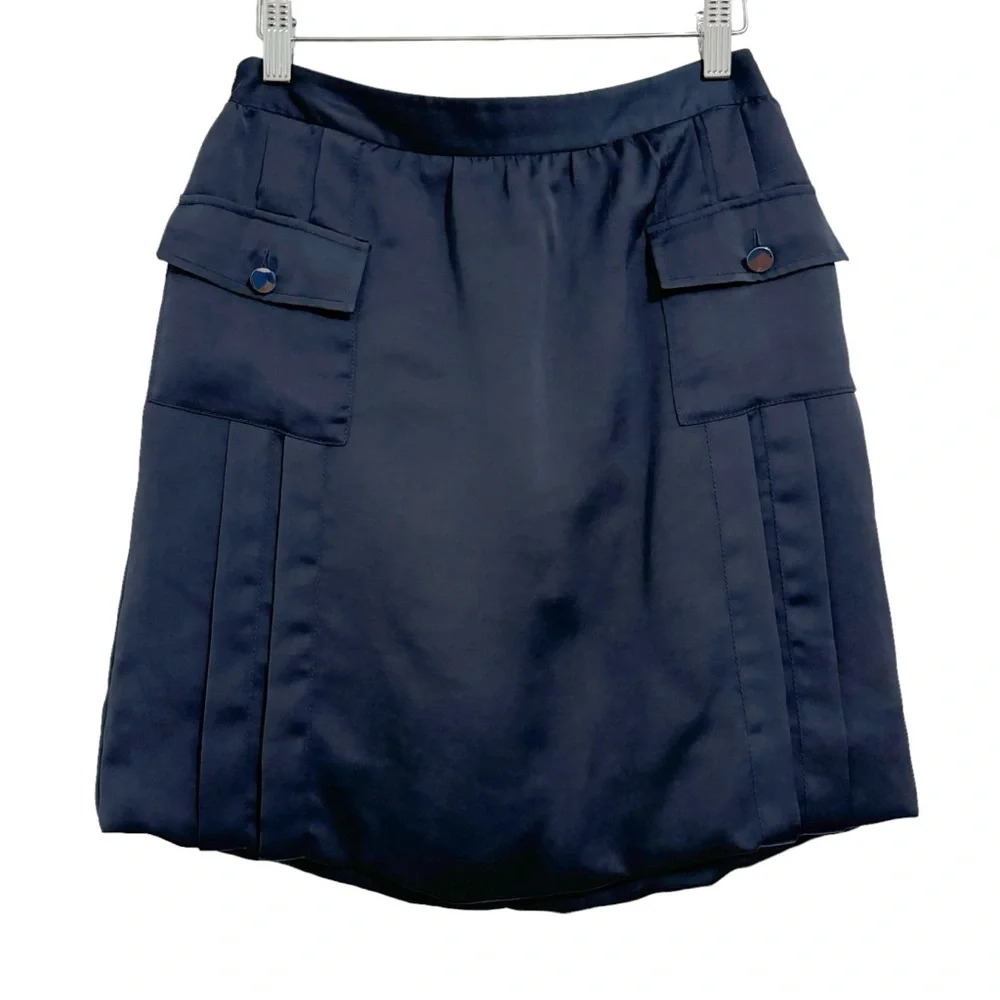 Tory Burch Silky Pleated Parch Pocket Navy Skirt 4
